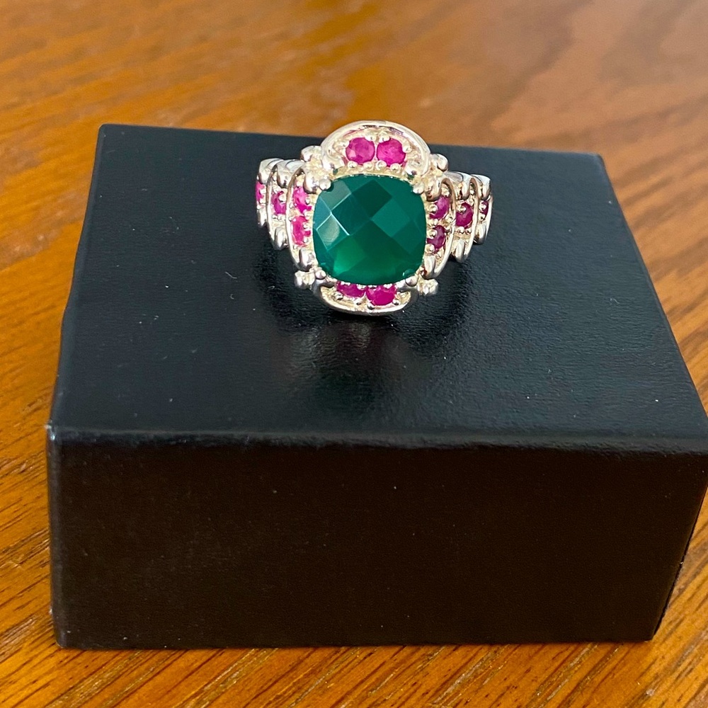 Green and Pink Stone Silver Cocktail Ring